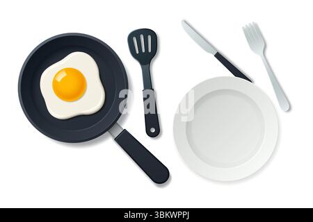 Fried egg in a frying pan and kitchen utensils for eating food isolated on a light background. Vector 3d illustration. Stock Vector