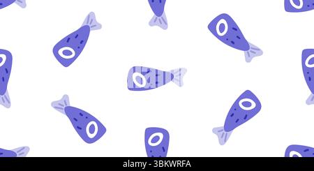 Cute blue fish with round eyes and simple shapes arranged in seamless repeat. Flat cartoon-style marine pattern on white background. Stock Vector