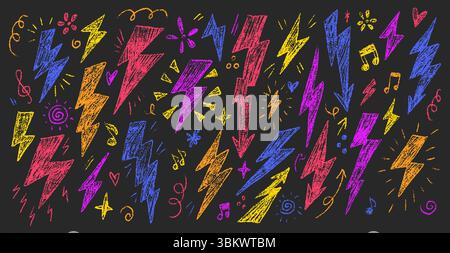 Colorful crayon lightning bolts, hearts, and musical notes create a dynamic and playful design. Ideal for posters, accessories, or creative projects. Stock Vector