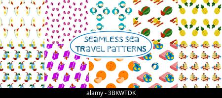 A collection of 10 seamless cartoon-style patterns with summer vacation elements surfboards, beach toys, fruits, drinks, suitcases, snacks, and playfu Stock Vector