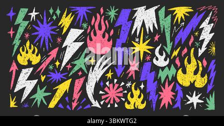 Crayon set of flames, stars, and lightning bolts. Design elements hand drawn with colored pencils. Textured decorative objects. Vector illustration is Stock Vector