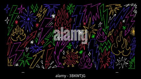 Crayon artwork featuring vibrant starbursts, flames, and lightning bolts. Ideal for creative designs or artistic projects. Outline decorative objects Stock Vector