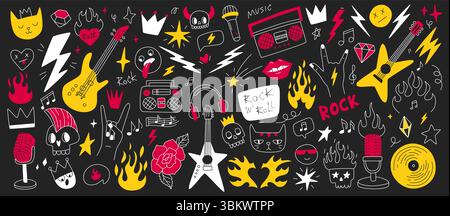 Vibrant hand-drawn music-themed doodles including guitars, skulls, lightning bolts, microphones. A bold design using red, yellow, white. Hand drawn ve Stock Vector