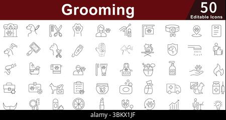 Grooming Personal Care Icon Set - 50 Editable Beauty Hygiene Icons for Salon, Barbershop and Self-Care Services. Editable Stroke Stock Vector