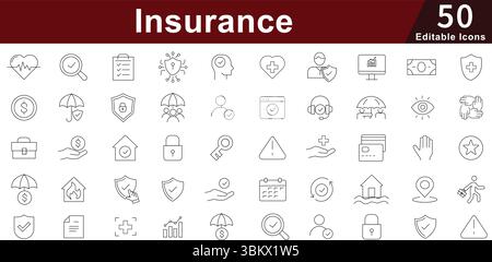 Insurance Protection Icon Set - 50 Editable Coverage Security Icons for Health, Auto, Life and Property Insurance. Editable Stroke Stock Vector