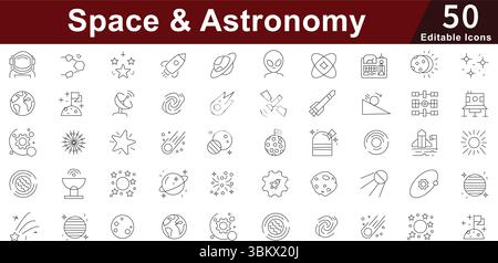 Space & Astronomy Line Icons set- Universe, Planets, Galaxy, Stars & Exploration Vector Set. Editable Stroke Stock Vector