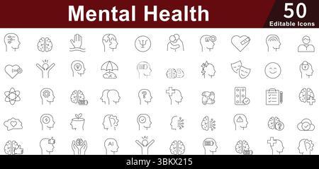 Mental Health Icon Set - 50 Editable Psychology Support Icons for Therapy, Mindfulness and Emotional Care. Editable Stroke Stock Vector