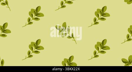 Stylized green leafy branches arranged in seamless repeat. Flat nature-inspired botanical pattern on light green background. Stock Vector