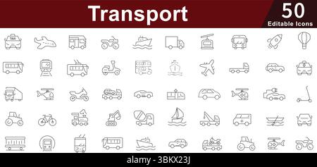 Transport & Vehicle Line Icons set - Travel, Delivery, Logistics, Commute & Mobility Vector. Editable Stroke Stock Vector