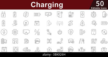 Charging Icon Set - 50 Editable Power Energy Icons for Electric Vehicle, Mobile Device and Renewable Energy Vector Collection Stock Vector