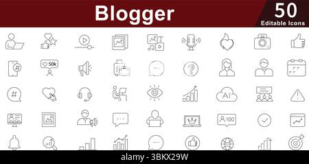 Blogger Content Creator Icon Set - 50 Editable Blogging Writing Icons for Social Media, Publishing and Digital Content Vector Collection Stock Vector