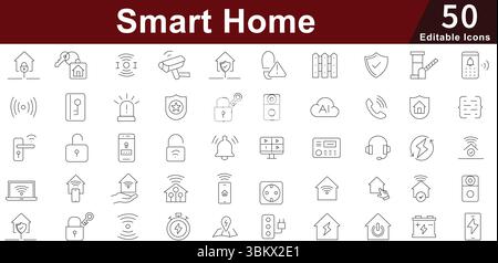 Smart Home & Security Line Icons set - Automation, IoT, Control, Safety & Technology Vector. Editable Stroke Stock Vector