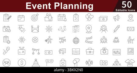 Event Planning Organization Icon Set - 50 Editable Party Celebration Icons for Wedding, Corporate Events and Special Occasions Vector Collection Stock Vector