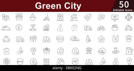 Green City & Sustainability Line Icons set - Ecology, Environment, Eco-Friendly & Nature Vector Stock Vector