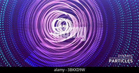Array with dynamic particles. Swirl with connected dots. Abstract science or technology background. 3d vector illustration. Stock Vector