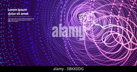 Array with dynamic particles. Swirl with connected dots. Abstract science or technology background. 3d vector illustration. Stock Vector