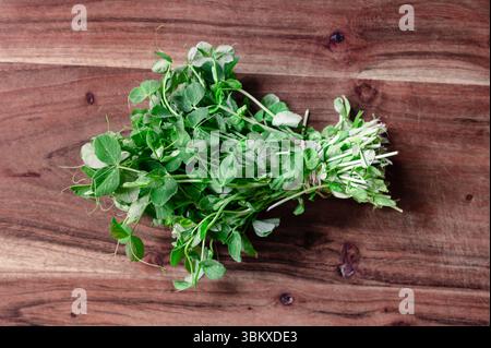 A fresh bunch of pea sprouts on a wood cutting board Stock Photo