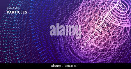Array with dynamic particles. Swirl with connected dots. Abstract science or technology background. 3d vector illustration. Stock Vector