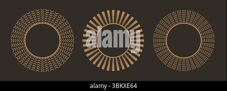 Linear gold elegant frames, round mirror shapes. Thin ornamental line rays. Trendy vector magic talisman, tattoo, gipsy symbol, celestial forms. Stock Vector