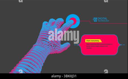 The hand presses the index finger on the button a virtual interface.  Technologies of the future. Connection structure. 3D vector illustration for sci Stock Vector
