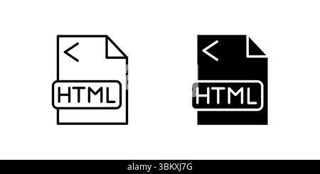Standard HTML file icon set for coding, web programming, and digital development. Essential for web design and IT themes. Stock Vector