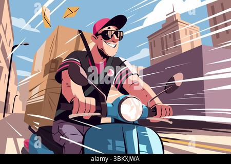 Smiling courier riding a scooter, delivering packages quickly through the city streets. Fast express delivery service, urban logistics, modern transpo Stock Vector