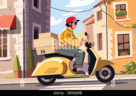 Courier on a yellow scooter delivering packages in a city street. Urban delivery service concept, fast shipping, modern transportation. Flat vector il Stock Vector