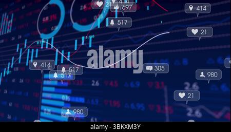 Displaying social-media notifications on trading dashboard, with social alerts and chart elements Stock Photo
