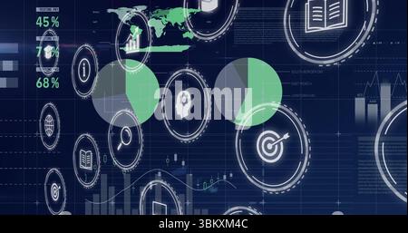 Showing UI on grid featuring target magnifier book and bar icons world map pie charts percentages Stock Photo