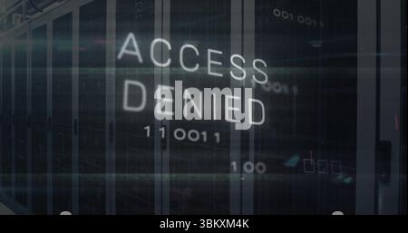 Displaying ACCESS DENIED hologram overlay in data center corridor with server racks and binary code Stock Photo