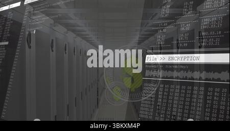 Server cabinets glowing under fluorescent lights in data center, displaying encryption overlays Stock Photo