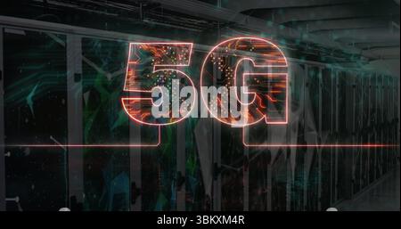 Glowing circuit-patterned 5G symbol casting red beam along corridor, highlighting server cabinets Stock Photo