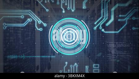 Displaying central circular HUD interface in data center corridor, with circuit patterns and grid Stock Photo