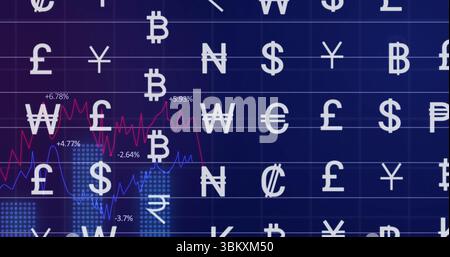 Red and blue line graphs fluctuating on trading dashboard, with currency symbols, world map outline Stock Photo