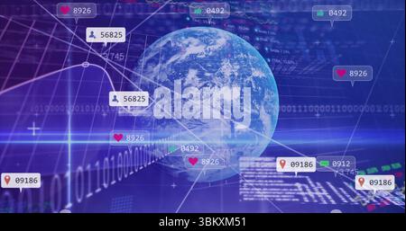 Floating 3D Earth globe rotating over virtual data environment, with social media metrics, charts Stock Photo