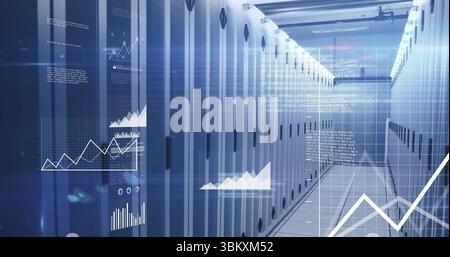 Displaying server rack corridor in data center with cable trays hosting floating analytics overlays Stock Photo