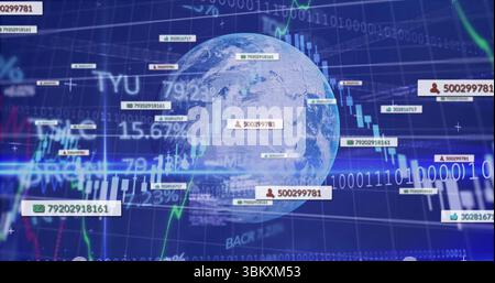 Displaying Earth globe spinning on digital data interface, with numeric labels and binary code Stock Photo