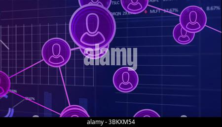 Displaying avatar network on dashboard, with purple icons, pink lines, grid overlays and bar charts Stock Photo