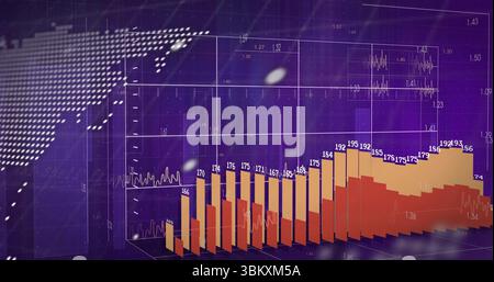 Displaying 3D bar chart rising across purple grid plane, with numeric labels and dotted world map Stock Photo
