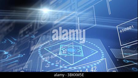 Displaying holographic interface pulsing in virtual control environment, with floating data boxes Stock Photo