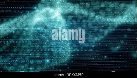 Flowing teal data points swirling with light particles in digital matrix with horizontal code lines Stock Photo