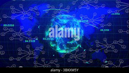 Displaying central faceted globe on blue grid with network lines, nodes and floating data points Stock Photo