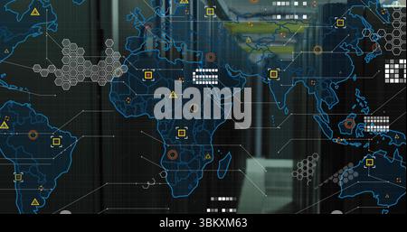Displaying digital world map overlay on transparent panel in high rise office, with hexagonal icons Stock Photo