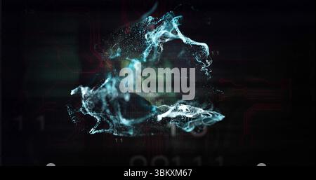 Swirling particle cloud glowing in virtual space, displaying binary digits and circuit traces Stock Photo