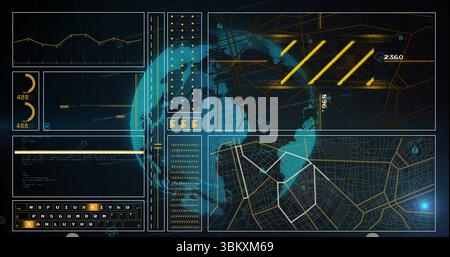 Displaying holographic world globe rotating in control interface, with line graph and network map Stock Photo