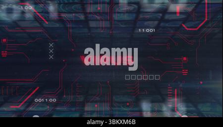 Displaying stylized interface scanning security panel, with red VIRUS text and circuit traces Stock Photo