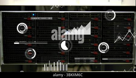 Displaying blade server rack with red locking tabs and data visualization overlay in server room Stock Photo