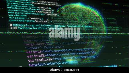 Glowing 3D spherical head illuminating virtual console with floating code text and scan lines Stock Photo