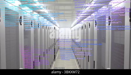 Displaying central server cabinets under LED lights above raised floor vents, with code overlay Stock Photo
