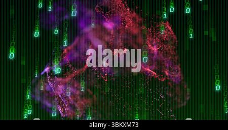 Swirling red and purple particle cloud in digital space, with green binary digits and dark grid Stock Photo